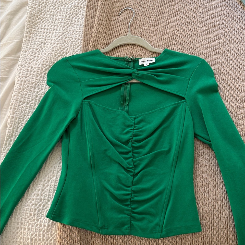 superdown Green Ruched Long Sleeve Top